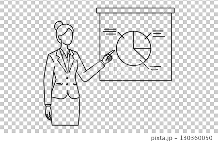 Woman giving a presentation and pie chart document illustration icon Woman giving a presentation and pie chart document illustration icon 130360050
