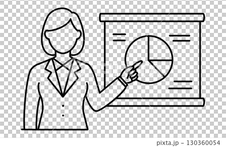 Woman giving a presentation and pie chart document illustration icon Woman giving a presentation and pie chart document illustration icon 130360054