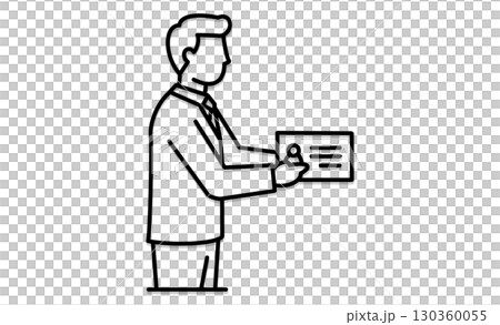 名刺を差し出すビジネススーツ姿の男性イラストアイコン 130360055
