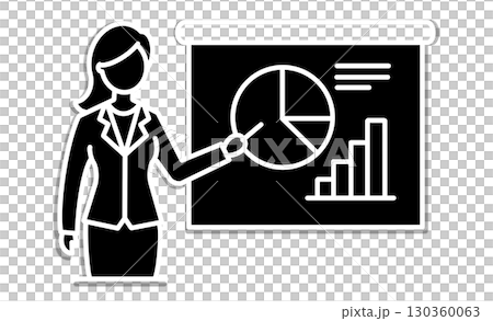 Woman giving a presentation and pie chart document illustration icon 130360063