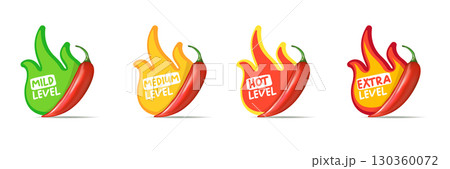 Spicy hot red chili pepper icons set with flame and rating of spicy. Vector spicy food level sticker collection, mild, medium hot and extra hot level of pepper sauce or snack food 130360072