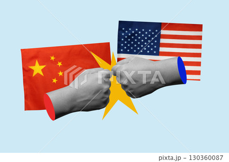 Human hand fist fight with flags of the USA and China on a colored background. Collage art of the tariff war between the United States of America versus China, trade war disputes, or economic conflict 130360087