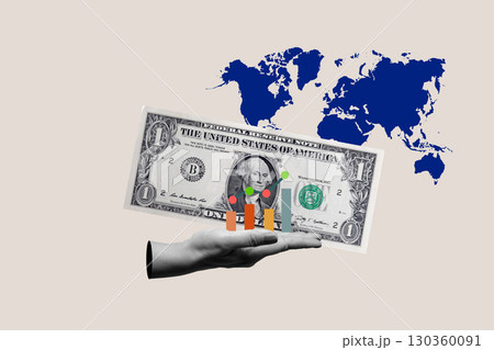 Human hand holding a dollar banknote with a graph line and bar with a world map on a colored background. Collage art of the World Economy Human hand holding a dollar banknote with a graph line and bar with a world map on a colored background. Collage art of the World Economy 130360091