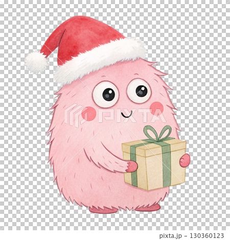 Cartoon Monster cute wearing a Santa hat standing holding a gift box Christmas  130360123