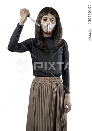 Indonesian southeast asian man dressed as a woman wearing a bloody face mask and holding a bloody knife isolated over a white background. Concept of Halloween, Sister Hong, or red uncle Indonesian southeast asian man dressed as a woman wearing a bloody face mask and holding a bloody knife isolated over a white background. Concept of Halloween, Sister Hong, or red uncle 130360190