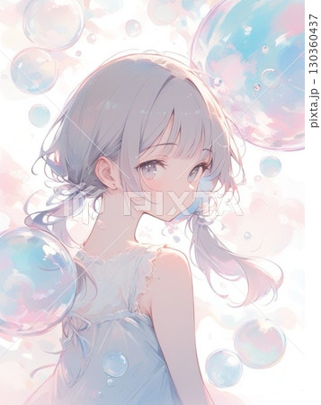 水彩で描いた女の子と泡のイラスト縦1 130360437