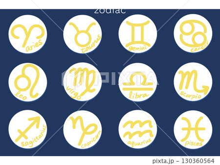 12星座の手書き風シンボルセット（英語ラベル・黄色×紺背景） 130360564