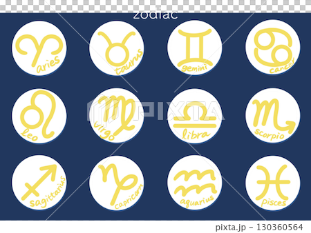12星座の手書き風シンボルセット（英語ラベル・黄色×紺背景） 130360564