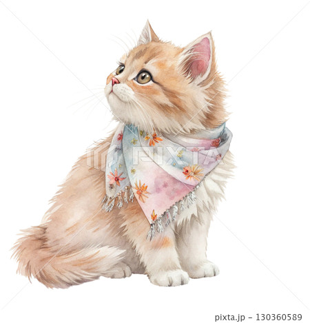 Cute fluffy cat with big round eyes, wearing a colorful scarf tied under the chin Clipart Watercolor white background 130360589