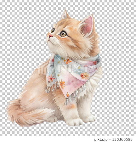 Cute fluffy cat with big round eyes, wearing a colorful scarf tied under the chin Clipart Watercolor white background 130360589