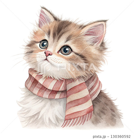 Cute fluffy cat with big round eyes, wearing a colorful scarf tied under the chin Clipart Watercolor white background Cute fluffy cat with big round eyes, wearing a colorful scarf tied under the chin Clipart Watercolor white background 130360592