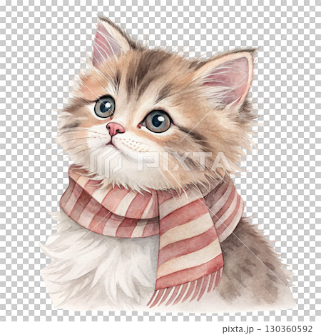 Cute fluffy cat with big round eyes, wearing a colorful scarf tied under the chin Clipart Watercolor white background Cute fluffy cat with big round eyes, wearing a colorful scarf tied under the chin Clipart Watercolor white background 130360592