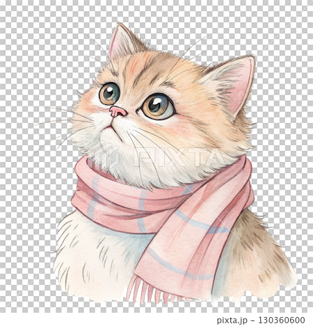 Cute fluffy cat with big round eyes, wearing a colorful scarf tied under the chin Clipart Watercolor white background 130360600