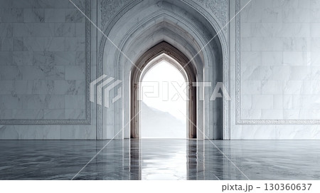 Elegant Marble Archway Interior with Mountain View 130360637