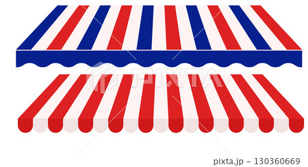 Red White and Blue Tent Canopy Vector Illustration. Striped Awning Roof for Market or Restaurant Use. Classic Outdoor Fair Style Sunshade Isolated on White. 130360669