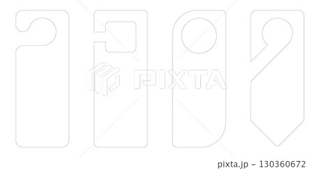 Hotel room door hanger mockup with paper tag shapes. Vector design template for die cut signs with handle hook. Cardboard flyer layout for hang labels isolated on white background 130360672