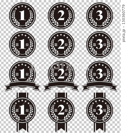 Set of monochrome medal awards with ribbon decoration. Vector illustration on white background. 130360779
