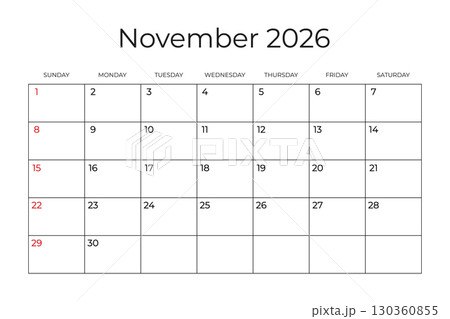 Printable Monthly Calendar template for November 2026. Week Starts on SUNDAY. Wall Calendar in a Minimalist Style. Simple and clean design. Ready to print. Vector illustration Printable Monthly Calendar template for November 2026. Week Starts on SUNDAY. Wall Calendar in a Minimalist Style. Simple and clean design. Ready to print. Vector illustration 130360855