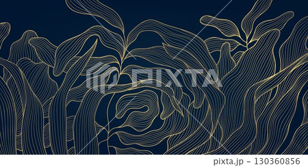 Vector art deco leaf line golden background, plant floral luxury abstract texture, elegant linear fancy dark wallpaper. Nouveau foliage pattern, garden print. Vector art deco leaf line golden background, plant floral luxury abstract texture, elegant linear fancy dark wallpaper. Nouveau foliage pattern, garden print. 130360856