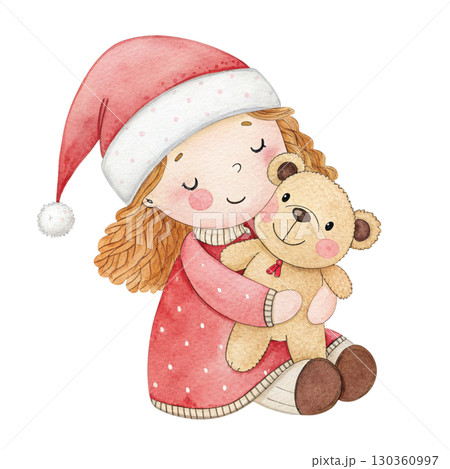 Cute rag doll wearing a Santa hat in Watercolor style White background Clipart Watercolor white background 130360997