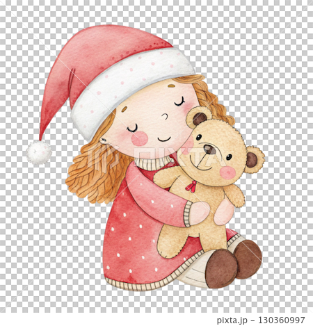 Cute rag doll wearing a Santa hat in Watercolor style White background Clipart Watercolor white background 130360997