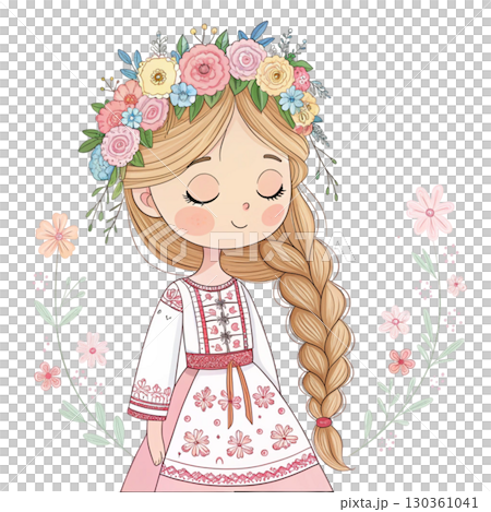 kawaii girl folk dress flower crown pastel illustration Clipart Watercolor white background kawaii girl folk dress flower crown pastel illustration Clipart Watercolor white background 130361041