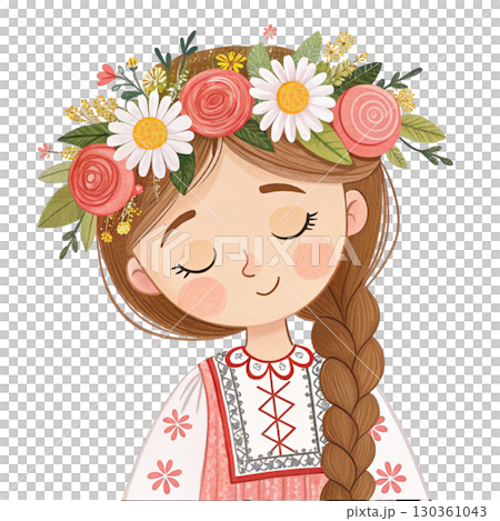 kawaii girl folk dress  flower crown  pastel illustration Clipart Watercolor white background 130361043
