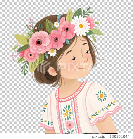 kawaii girl folk dress flower crown pastel illustration Clipart Watercolor white background kawaii girl folk dress flower crown pastel illustration Clipart Watercolor white background 130361044