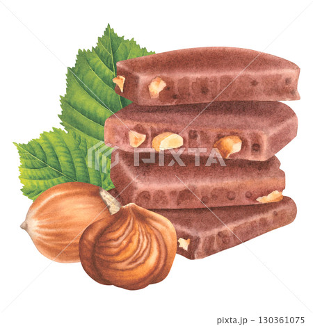 Stack of broken chocolate pieces with hazelnuts and green leaves. Hand drawn watercolor illustration of chocolate rectangular tiles on isolated background. Cocoa sweet dessert for packaging design. Stack of broken chocolate pieces with hazelnuts and green leaves. Hand drawn watercolor illustration of chocolate rectangular tiles on isolated background. Cocoa sweet dessert for packaging design. 130361075