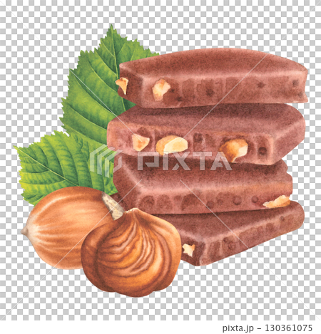 Stack of broken chocolate pieces with hazelnuts and green leaves. Hand drawn watercolor illustration of chocolate rectangular tiles on isolated background. Cocoa sweet dessert for packaging design. Stack of broken chocolate pieces with hazelnuts and green leaves. Hand drawn watercolor illustration of chocolate rectangular tiles on isolated background. Cocoa sweet dessert for packaging design. 130361075