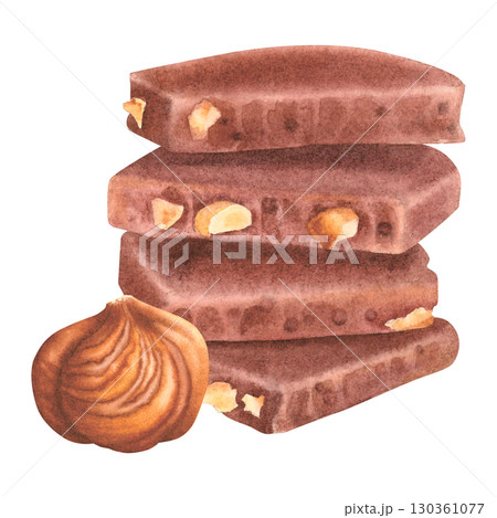 Stack of broken chocolate pieces with peeled whole hazelnut. Hand drawn watercolor illustration of chocolate rectangular tiles on isolated background. Cocoa sweet dessert for packaging design. Stack of broken chocolate pieces with peeled whole hazelnut. Hand drawn watercolor illustration of chocolate rectangular tiles on isolated background. Cocoa sweet dessert for packaging design. 130361077