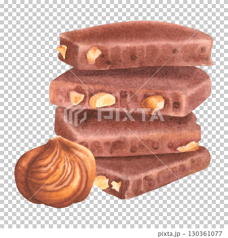 Stack of broken chocolate pieces with peeled whole hazelnut. Hand drawn watercolor illustration of chocolate rectangular tiles on isolated background. Cocoa sweet dessert for packaging design. Stack of broken chocolate pieces with peeled whole hazelnut. Hand drawn watercolor illustration of chocolate rectangular tiles on isolated background. Cocoa sweet dessert for packaging design. 130361077