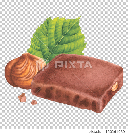 Dark or milk chocolate rectangular piece with hazelnut and green leaf. Hand drawn watercolor illustration of cocoa sweet dessert on isolated background. Confectionery product for packaging, kitchen. Dark or milk chocolate rectangular piece with hazelnut and green leaf. Hand drawn watercolor illustration of cocoa sweet dessert on isolated background. Confectionery product for packaging, kitchen. 130361080