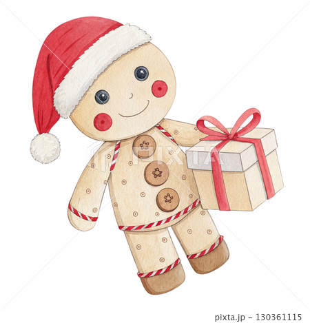 Watercolor illustration of a cute rag doll in a Santa hat sitting beside a cheerful snowman white background Watercolor illustration of a cute rag doll in a Santa hat sitting beside a cheerful snowman white background 130361115