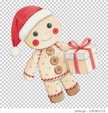 Watercolor illustration of a cute rag doll in a Santa hat sitting beside a cheerful snowman white background Watercolor illustration of a cute rag doll in a Santa hat sitting beside a cheerful snowman white background 130361115