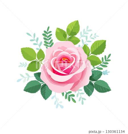 Set of floral branch. Flower pink rose, green leaves. Wedding concept with flowers. Floral poster, invite. Vector arrangements for greeting card or invitation 130361134