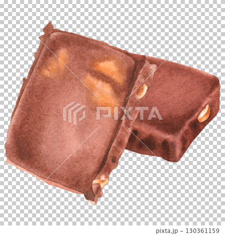 Chocolate bar pieces. Hand drawn watercolor illustration of dark brown cocoa sweet dessert on isolated background. Square black or milk choco candy broken chunk. Delicious confectionery product cube. Chocolate bar pieces. Hand drawn watercolor illustration of dark brown cocoa sweet dessert on isolated background. Square black or milk choco candy broken chunk. Delicious confectionery product cube. 130361159