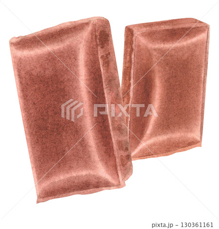 Chocolate bar pieces flying in air. Hand drawn watercolor illustration of cocoa sweet dessert on isolated background. Rectangular milk choco candy chunks. Falling delicious confectionery product cubes 130361161