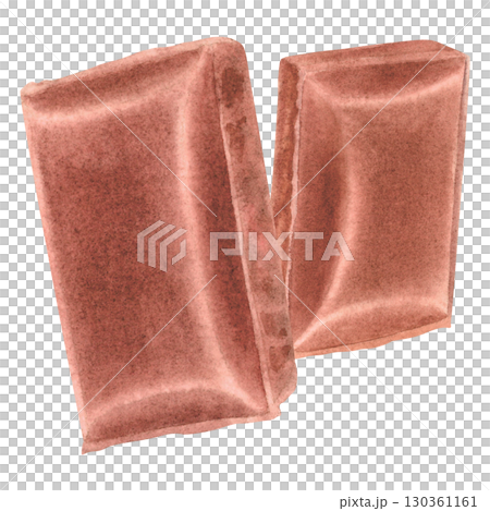 Chocolate bar pieces flying in air. Hand drawn watercolor illustration of cocoa sweet dessert on isolated background. Rectangular milk choco candy chunks. Falling delicious confectionery product cubes 130361161