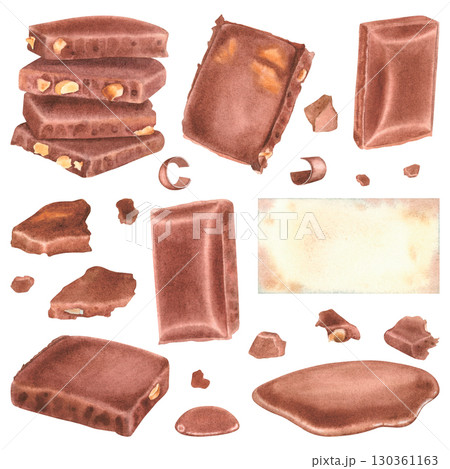 Small dark chocolate broken pieces in various forms and sizes. Hand drawn watercolor illustration of chocolate chunks on isolated background. Set of confectionery cocoa product for packaging design. 130361163