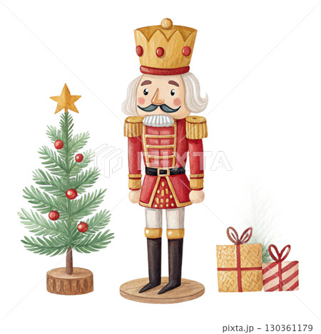 watercolor illustration of a nutcracker soldier toy white background watercolor illustration of a nutcracker soldier toy white background 130361179