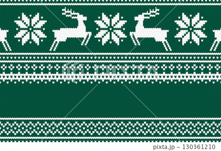 クリスマスの背景イラスト素材 ニット トナカイ ノルディック柄 シームレスパターン 緑 130361210