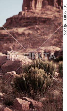 A man in motion riding a horse on a rugged hillside in the Nevada desert. 130361310