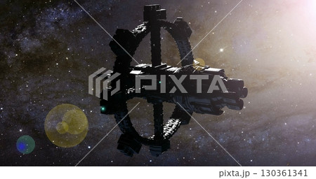 A large, futuristic spaceship orbits silently in the depths of space. A large, futuristic spaceship orbits silently in the depths of space. 130361341