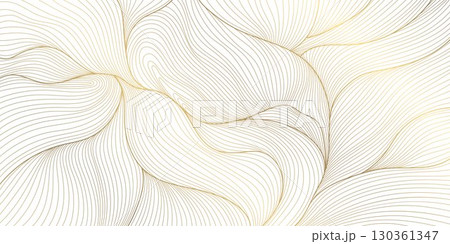 Vector gold line wave background, flow elegant luxury organic pattern. Soft flow dynamic sea graphic, shiny abstract ornament, silk premium wallpaper. 130361347