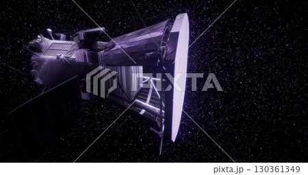 A spacecraft is captured in interstellar space surrounded by a field of stars. The intricate structure is highlighted against the vast, dark cosmos, showcasing the adventure of space exploration. 130361349