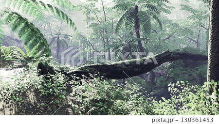 A vibrant rainforest landscape filled with rich green foliage, towering trees, and a fallen log covered in moss. Sunlight gently filters through the dense canopy, creating an enchanting atmosphere. 130361453