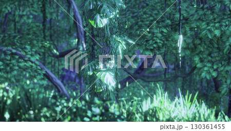 Lush foliage envelops the forest floor. Sunlight filters through the canopy, creating a peaceful atmosphere. Various shades of green dominate this serene natural environment. 130361455