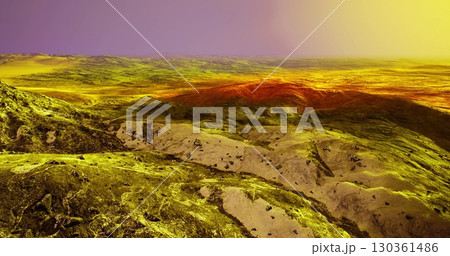 Barren terrain showcases rugged hills and valleys under a colorful sky. This extraterrestrial landscape conveys an otherworldly feel, emphasizing unique geological features. 130361486