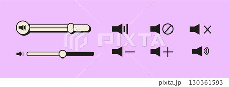 Retro vaporwave UI set with volume sliders and speaker icons for media interface. Mute, sound on, volume up and down symbols in 90s digital style. Flat Style Vector Illustration. 130361593